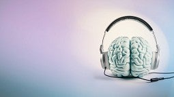 image of a white brain with headphones on it