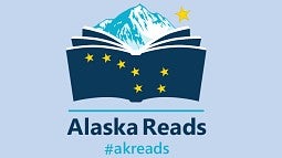 image of a blue book with a mountain between pages and Alaska Reads below