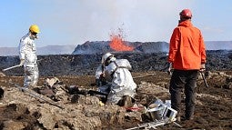 Volcanologists and geochemists getting ready to sample lava  during the July 2023 Fagradalsfjall eruption on the Reykjanes Peninsula of Iceland. Photo Courtesy: Valentin Troll