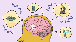 graphic of a brain surrounded by food and someone exercising